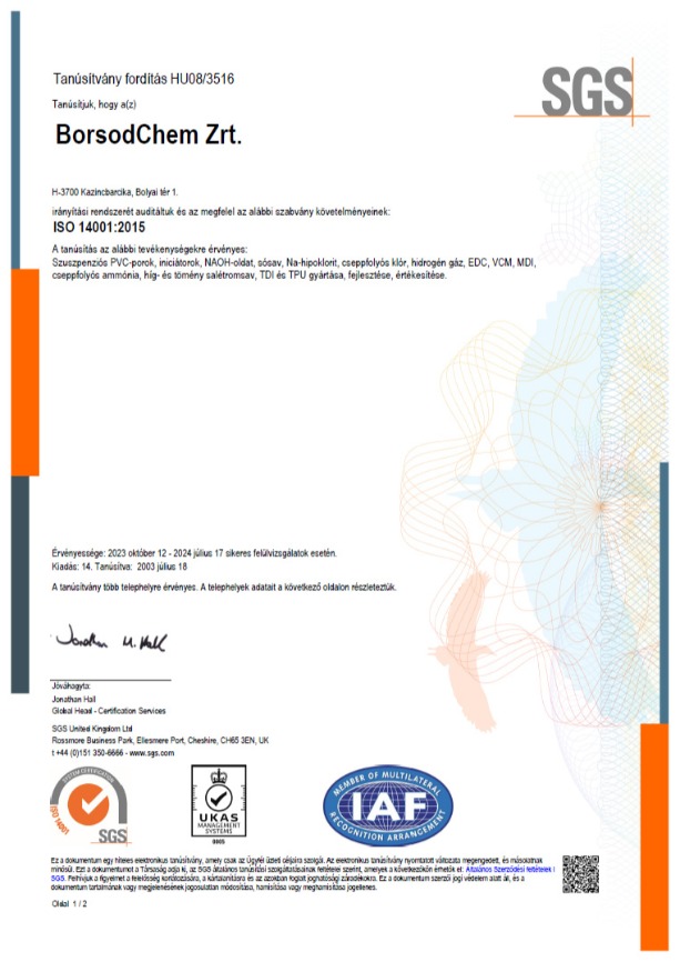 ISO14001:2015 Tanúsítvány