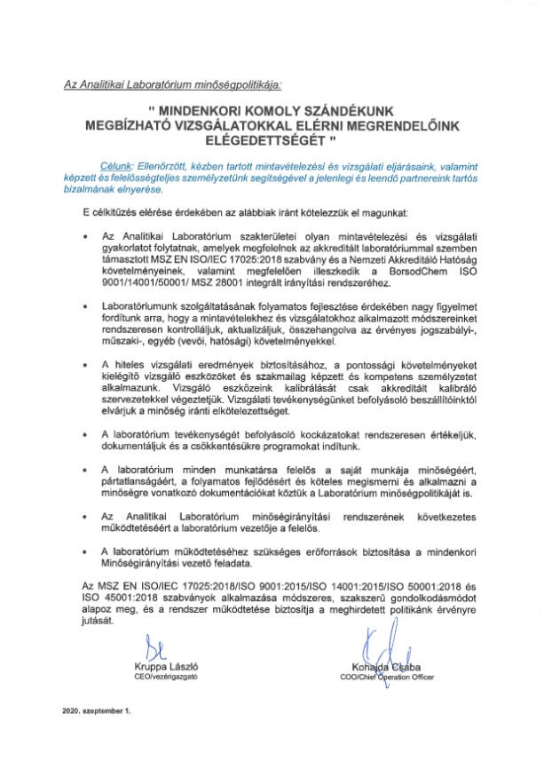 Az Analitikai Laboratórium Minőségpolitikája