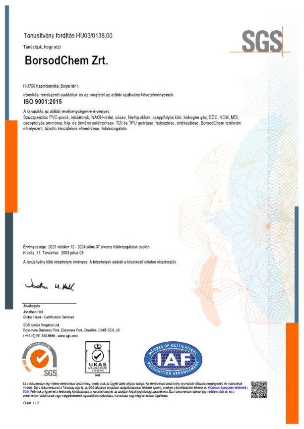 ISO9001:2015 Tanúsítvány