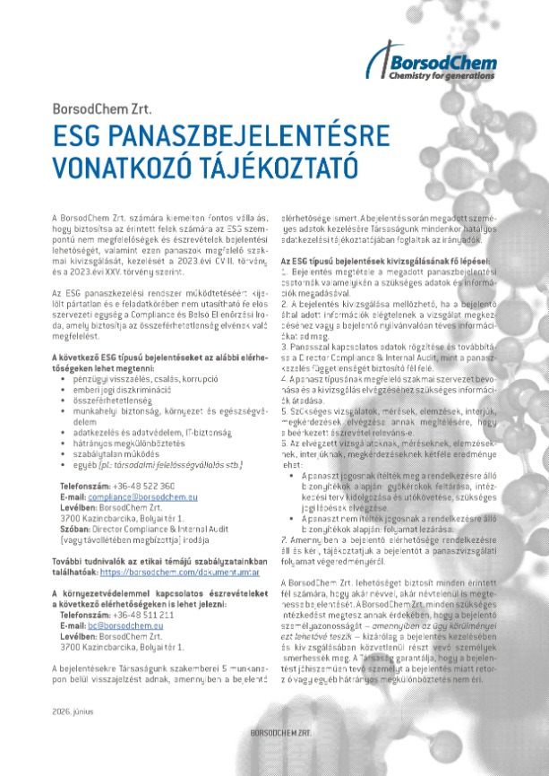 ESG panaszbejelentésre vonatkozó tájékoztató