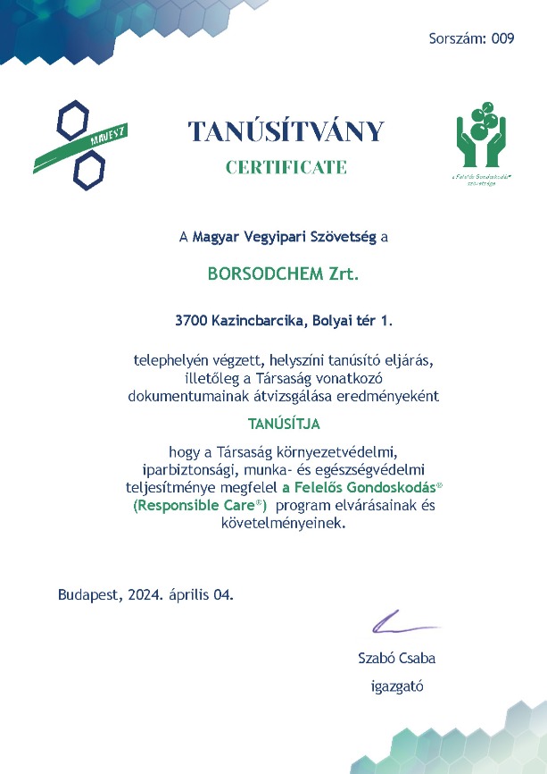 MAVESZ Felelős Gondoskodás Tanúsítvány